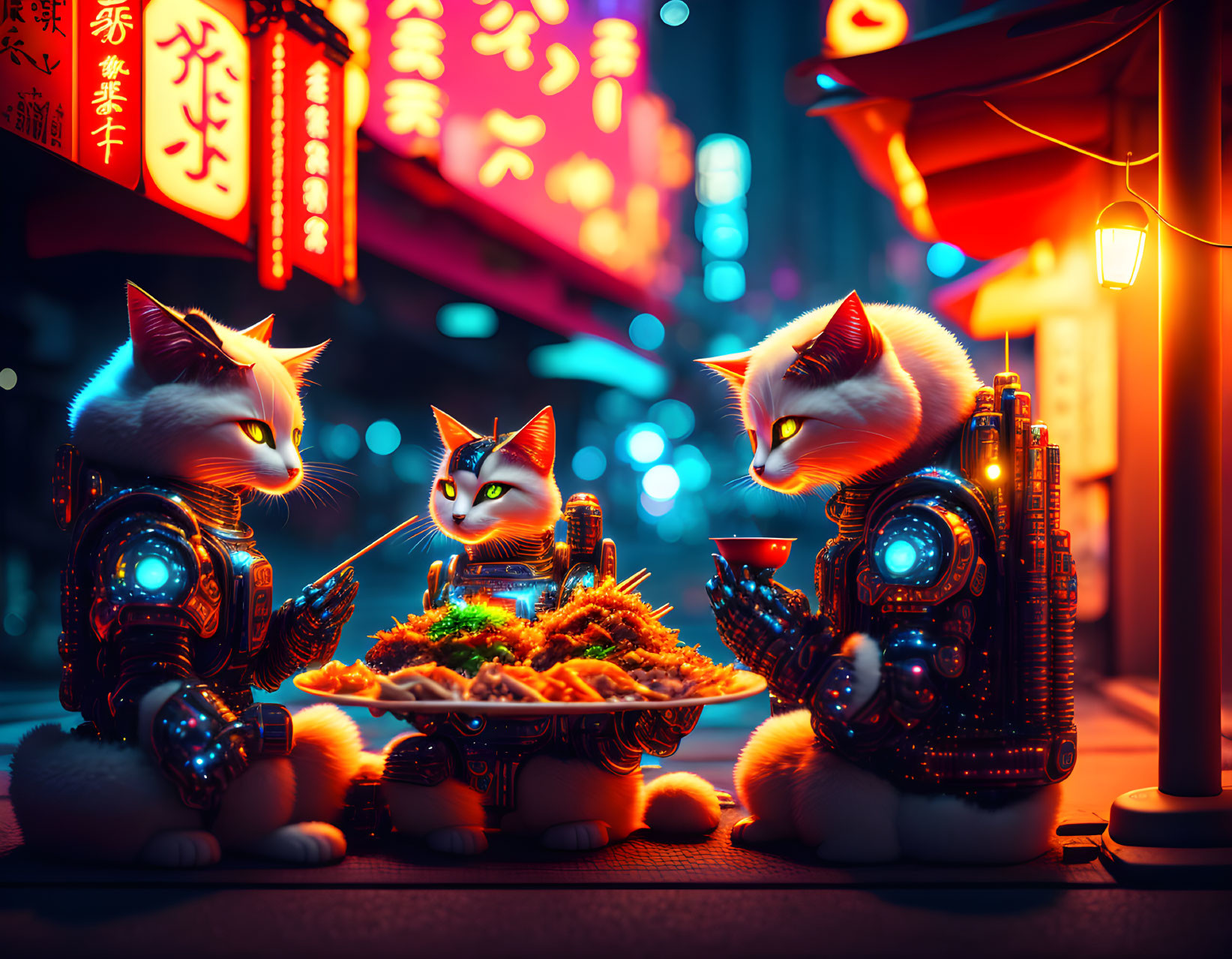 Three cybernetic cats with glowing blue elements around a dish of food on a neon-lit street