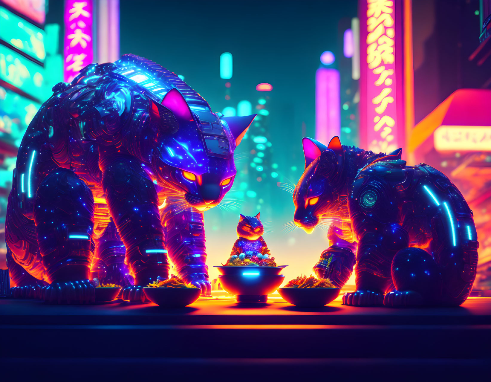 Cybernetic cats in neon-lit futuristic cityscape.