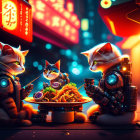 Three cybernetic cats with glowing blue elements around a dish of food on a neon-lit street