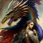 Regal figure with elven features beside majestic blue and gold dragon