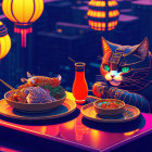 Cyberpunk cat with glowing eyes at table with Asian food and flask