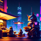 Futuristic street food stall with neon signs and robotic creatures