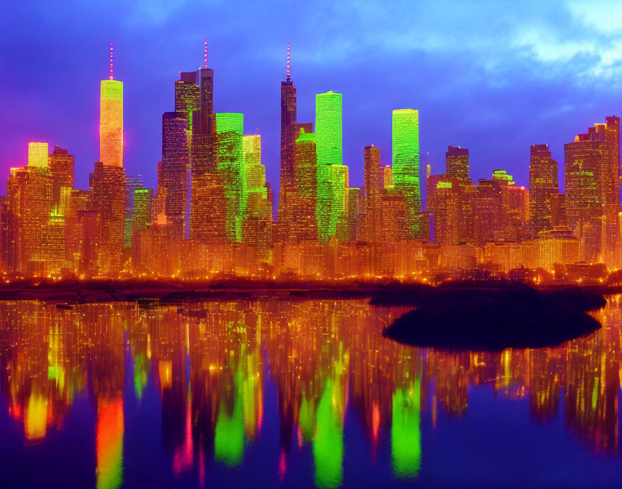 Colorful city skyline reflected on water at twilight with purple sky and neon-lit buildings