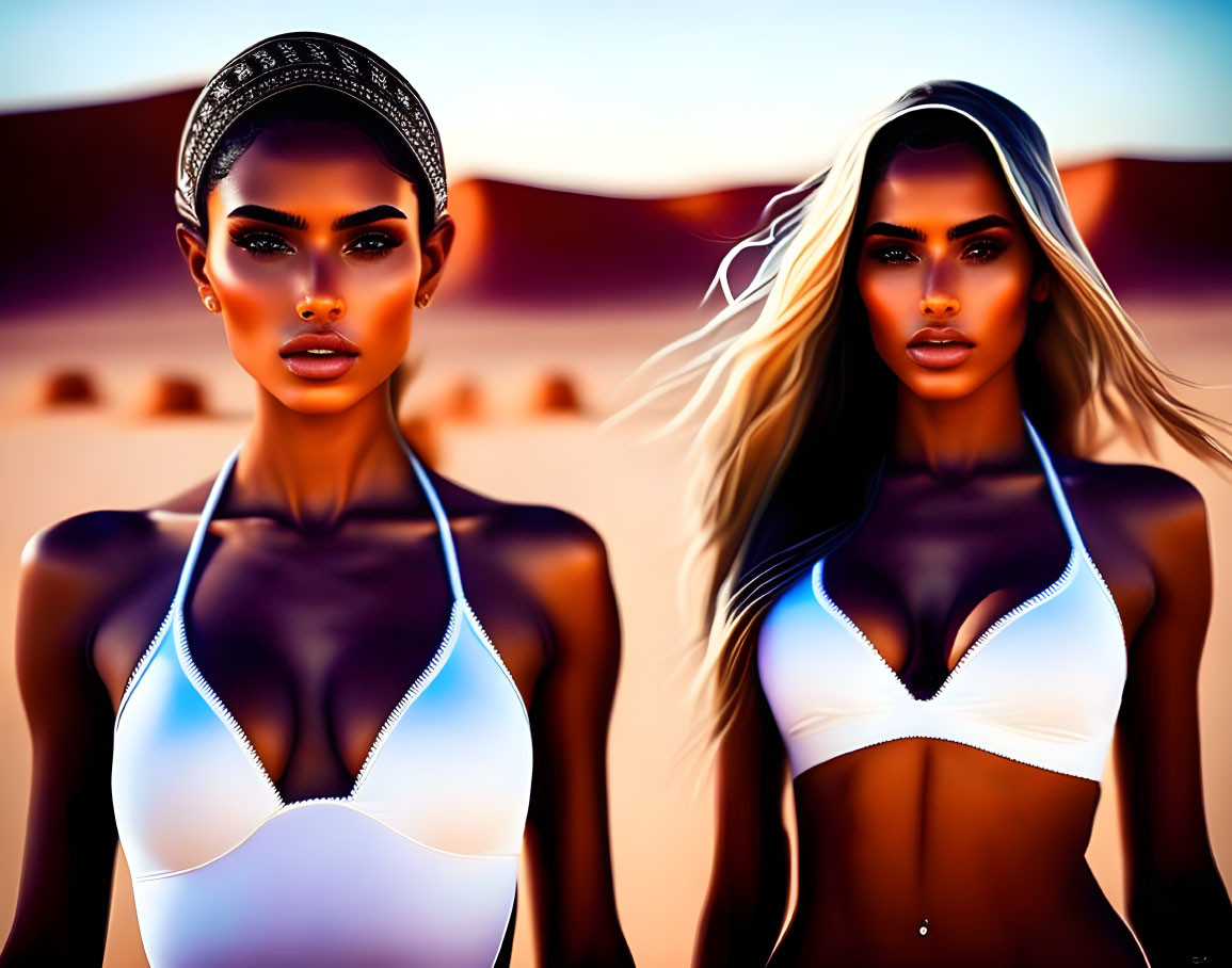 Stylized women in white bikinis against desert backdrop