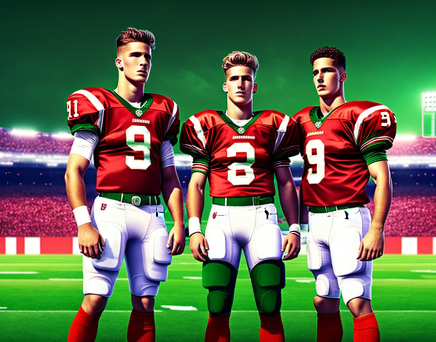 Three football players in green and red uniforms on field with stadium lights