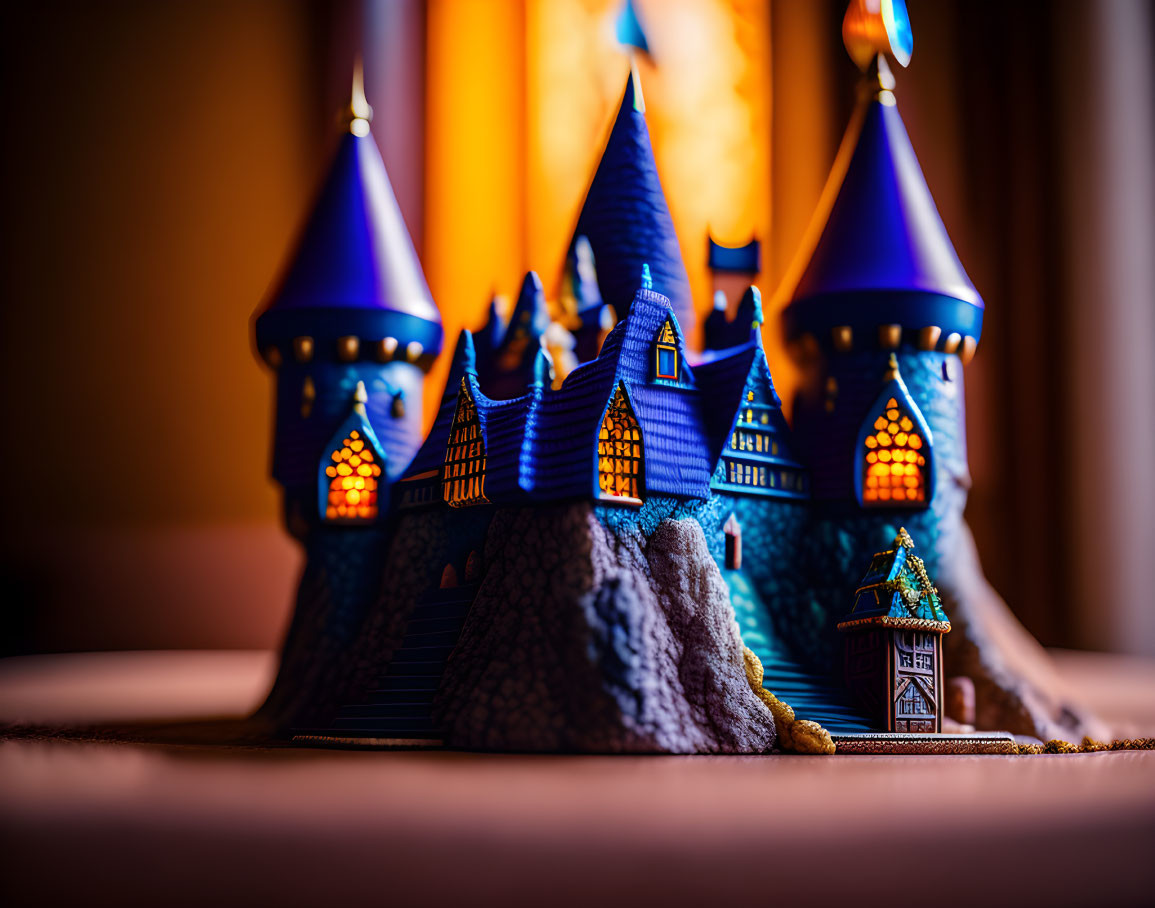 Miniature fantasy castle with blue roofs and lit windows on warm blurred background