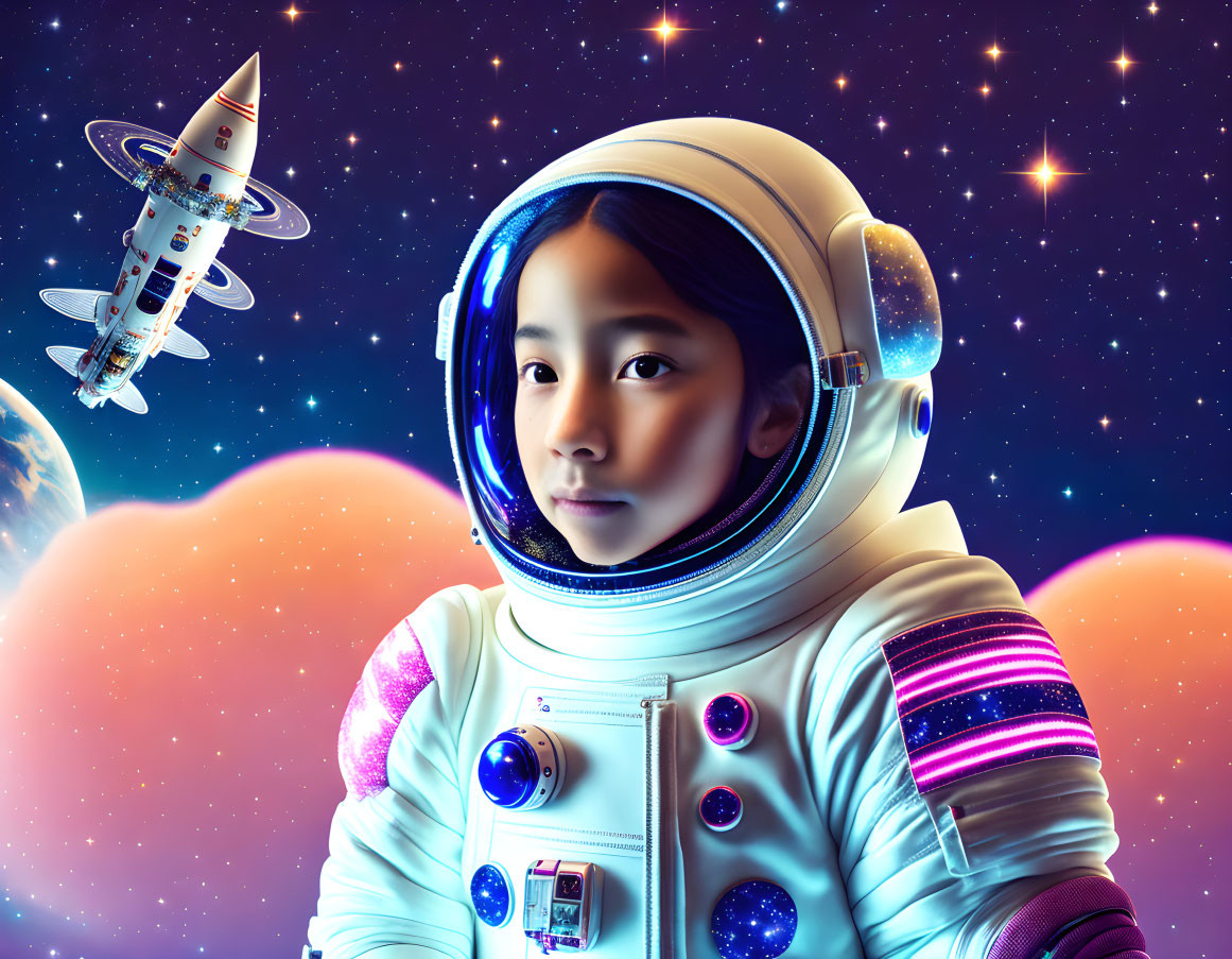 Young astronaut with reflective helmet visor and rocket in starry space.