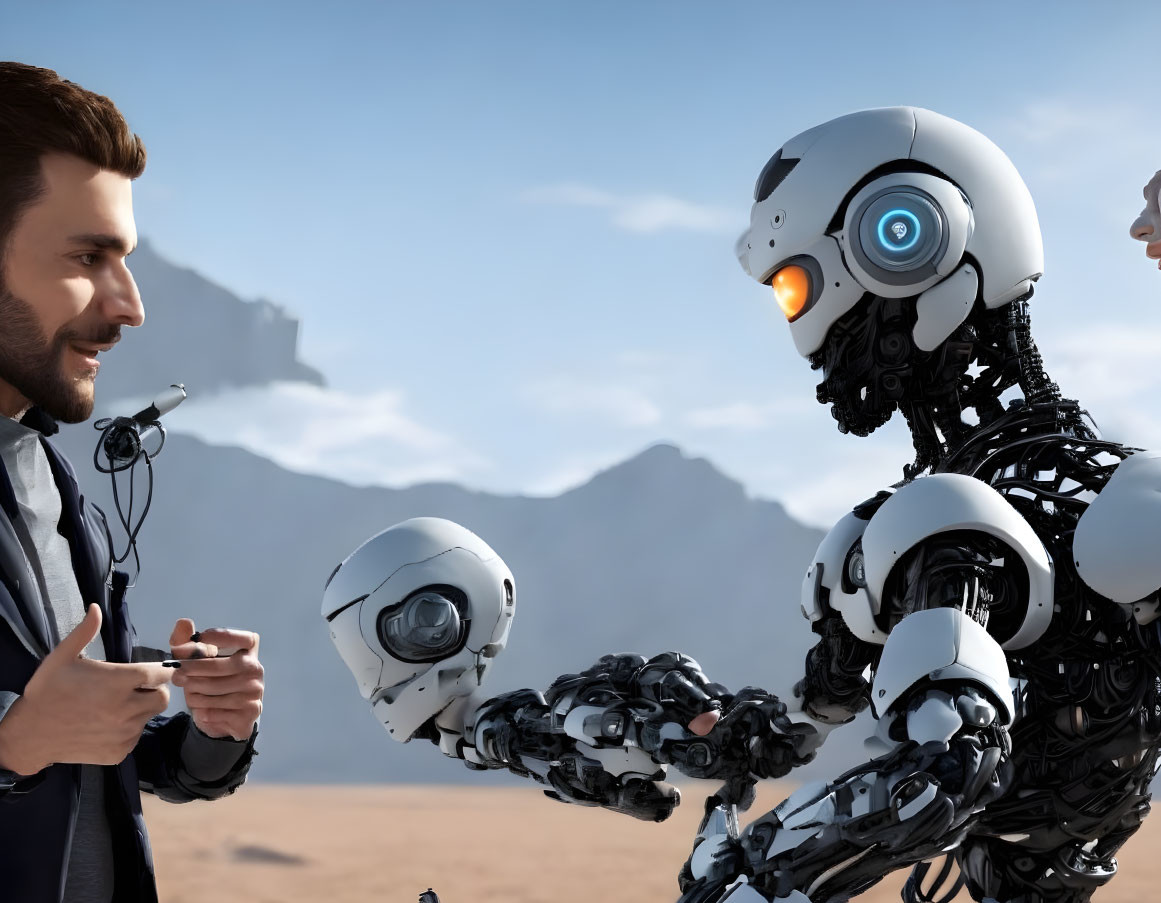 Man in suit interacts with detailed humanoid robot in desert setting