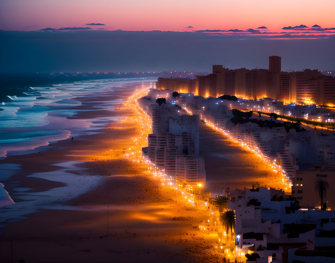 Twilight coastal cityscape with illuminated buildings and mountains