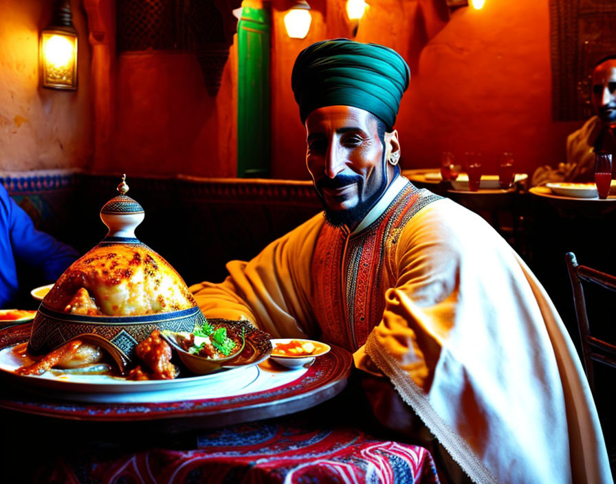 Person in traditional attire smiling at table with ornate dish in Middle Eastern setting