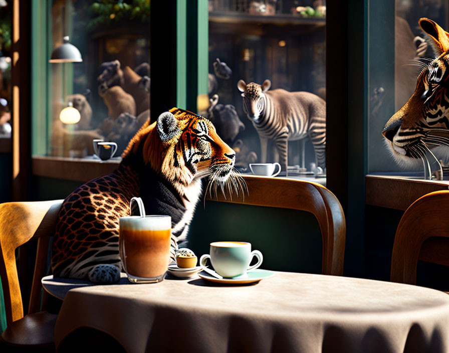 Tiger enjoying coffee and croissant at cafe table with zebras' reflections.