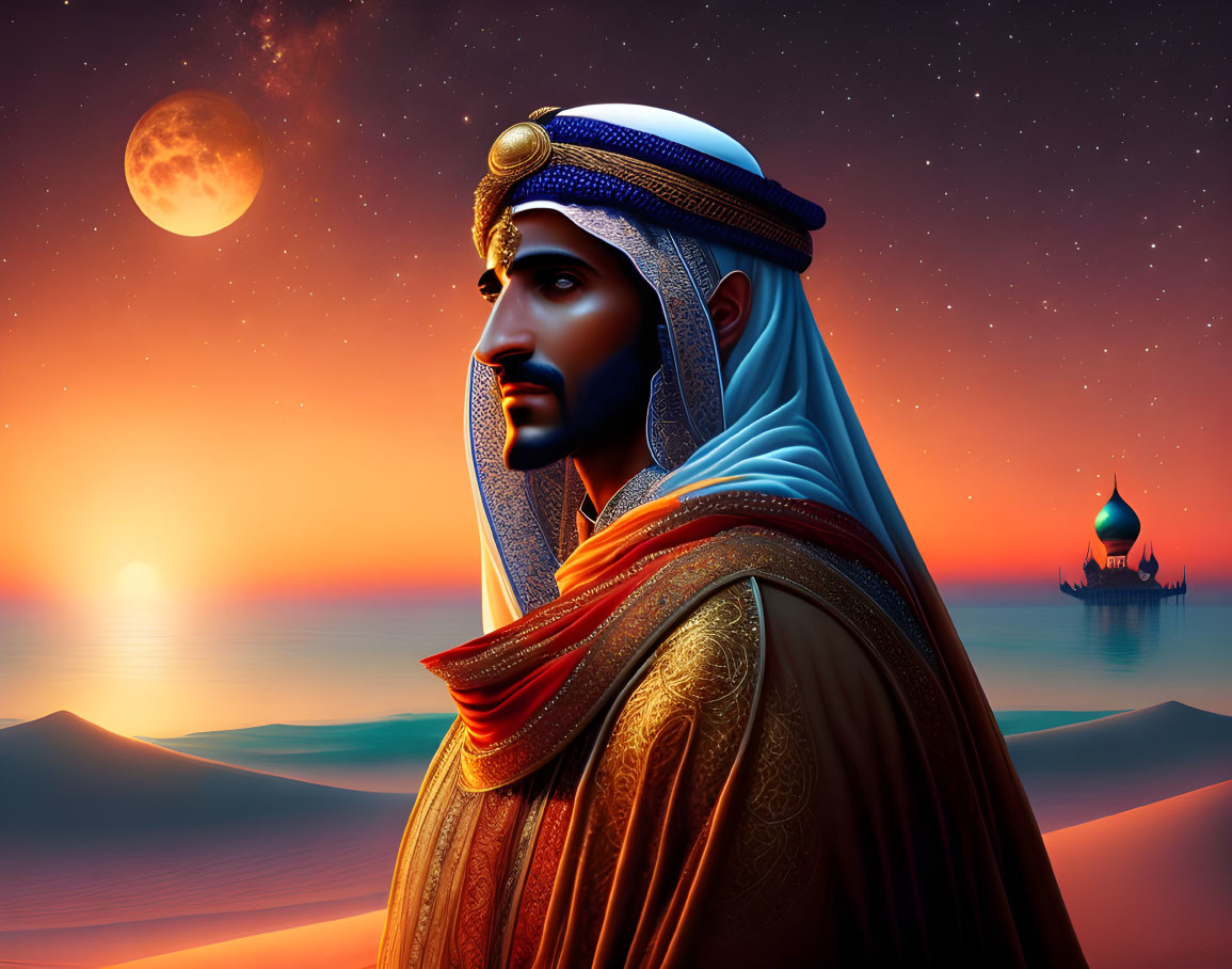 Digital artwork: Middle Eastern man in traditional attire, turban, overlooking sunset, moon, sea,