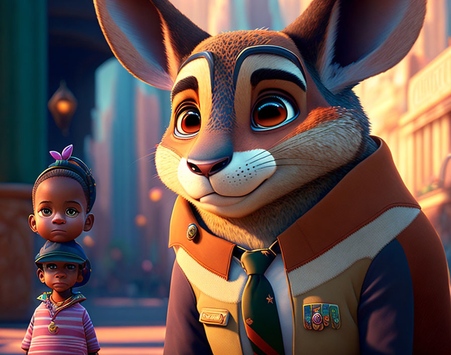 Animated rabbit in ranger uniform with children in urban sunset scene