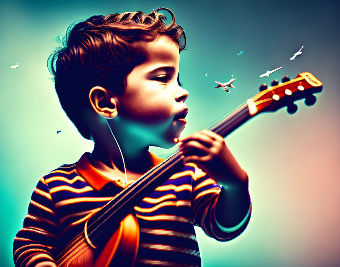 Curly-Haired Child Playing Guitar with Bird Illustrations in Surreal Setting