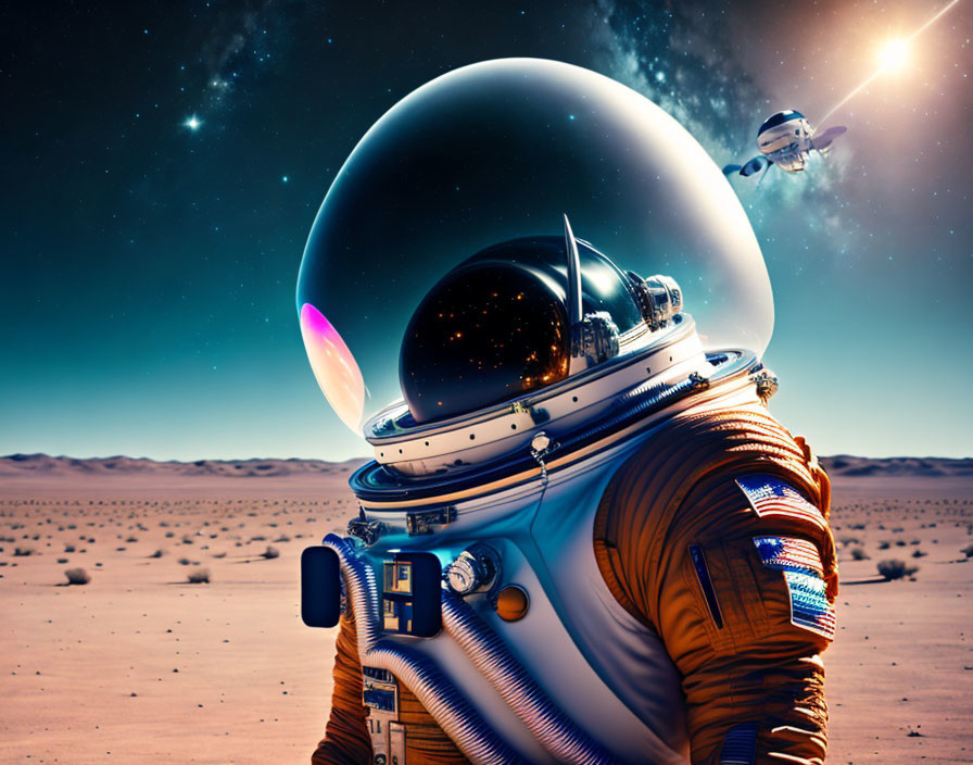 Astronaut in large helmet on alien desert landscape with spaceship and stars