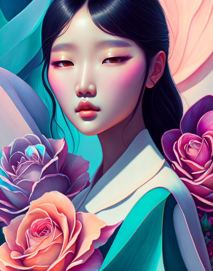 Flawless skin woman in surreal digital art with pink and blue flowers