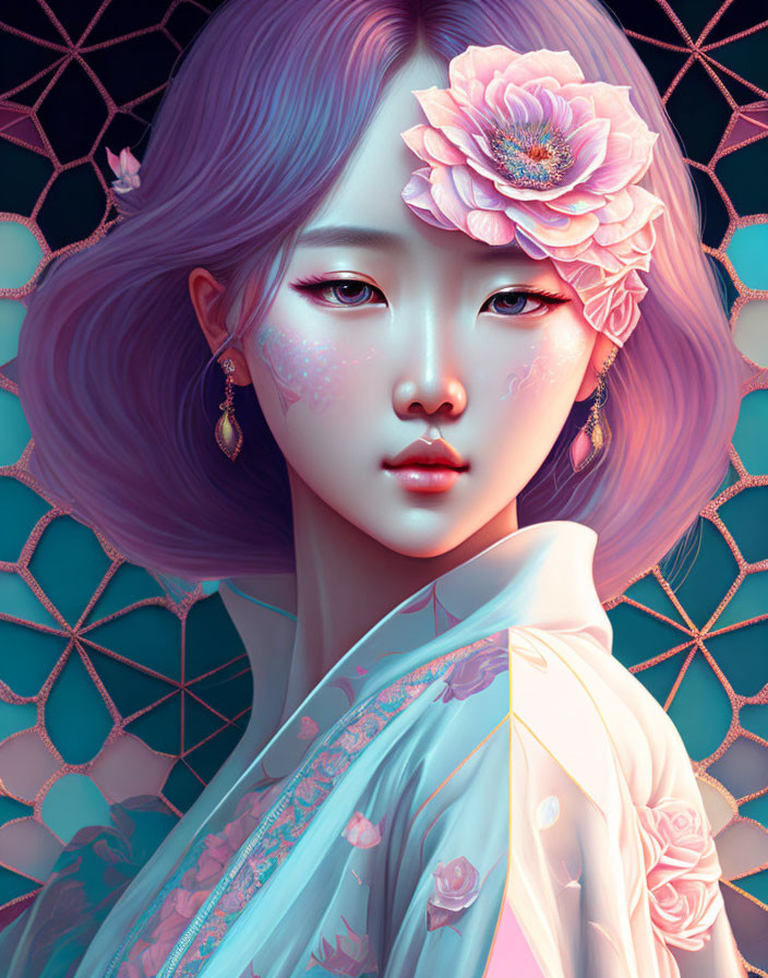 Digital portrait of woman with violet hair and floral attire against geometric backdrop