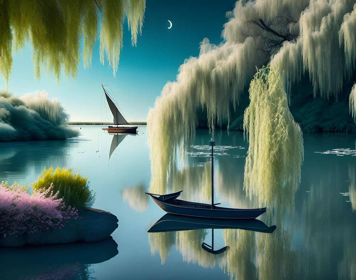 Tranquil lake scene with two boats, willow trees, bushes, and crescent moon