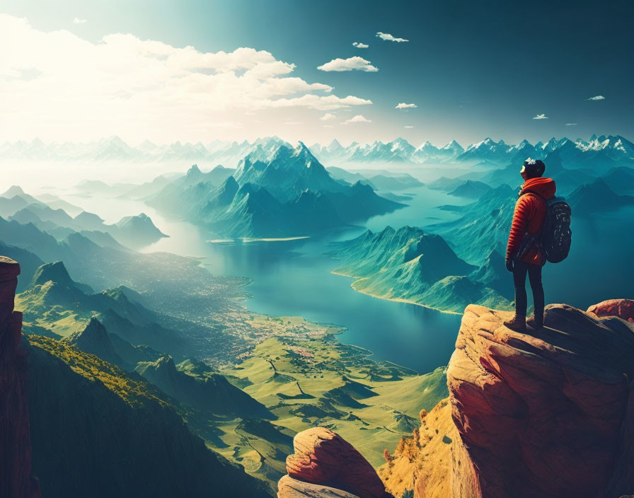 Hiker on Cliff Views Stunning Mountain Landscape