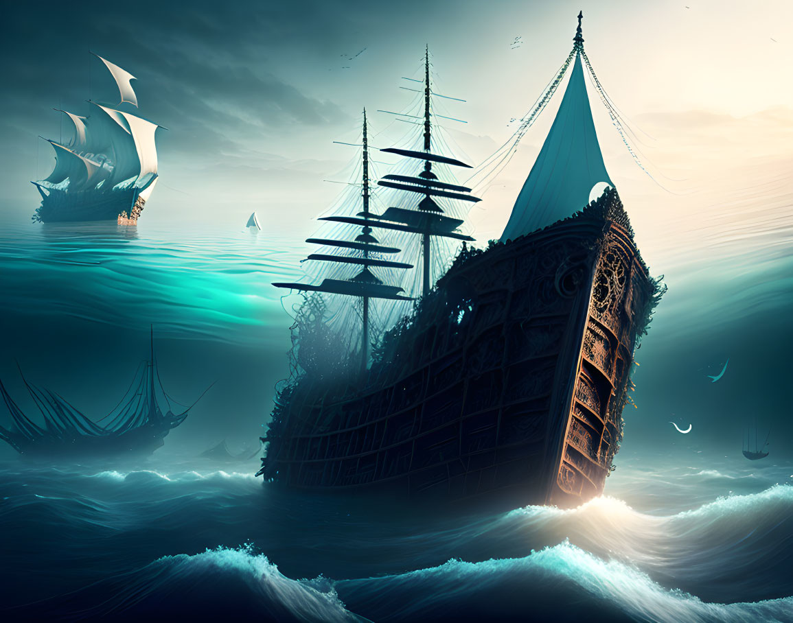 Maritime scene with shipwreck, sailing ships, and teal sky