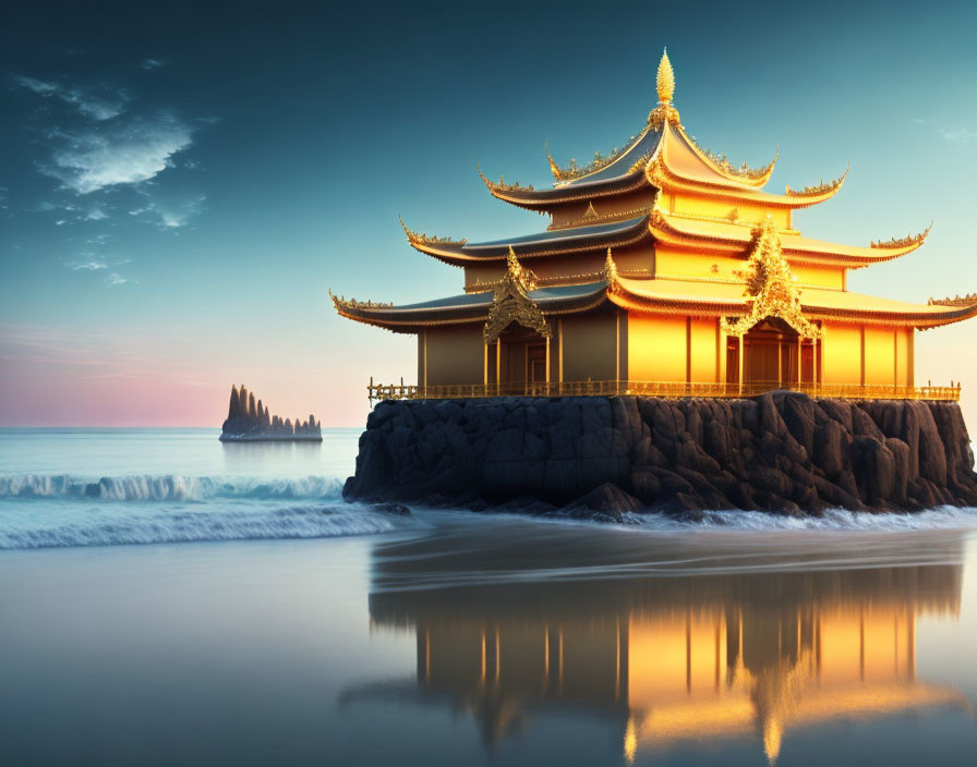 Traditional Asian temple with golden roofs on rocky cliff at sunset