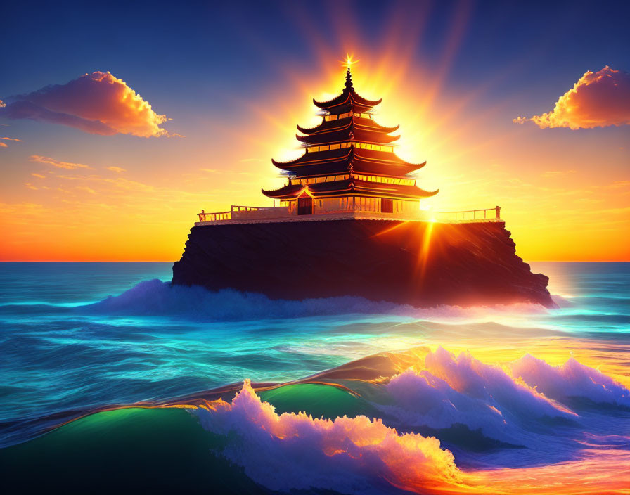 Traditional Pagoda on Rocky Islet with Sun Rays and Turquoise Waves at Sunset