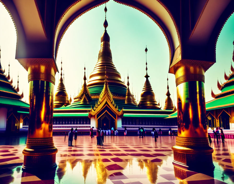 Golden spires and intricate decorations at a temple during sunset