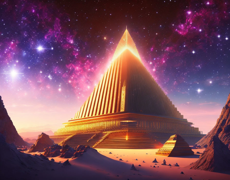 Golden pyramid in futuristic desert landscape under starry sky.