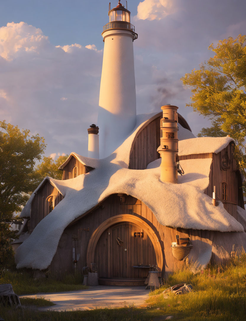 Snow-covered cottage with tall lighthouse in sunny landscape