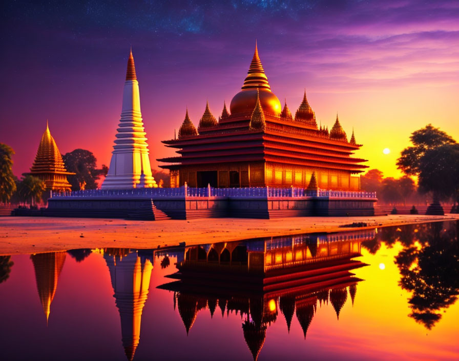 Vibrant sunset sky reflecting on still water in front of ornate temple