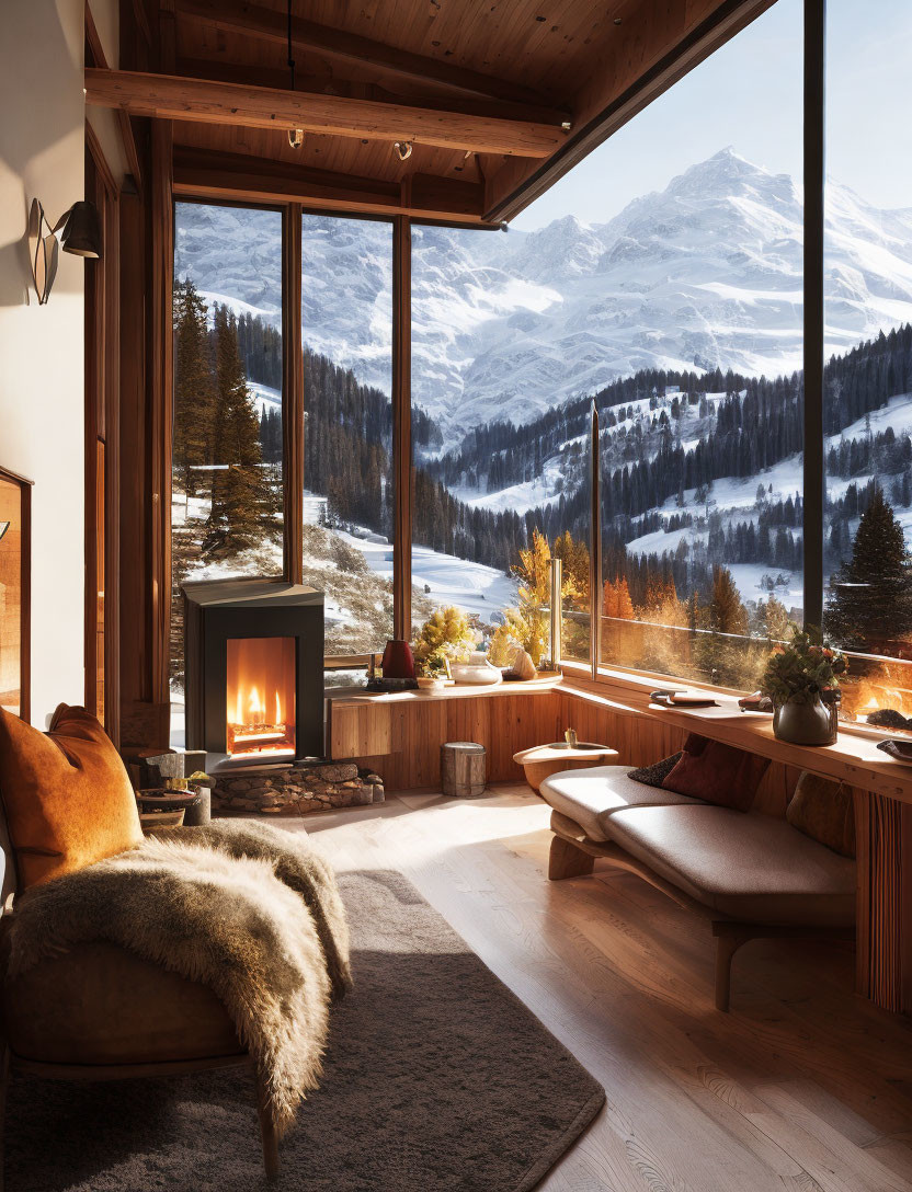 Mountain cabin interior with fireplace & panoramic snowy view