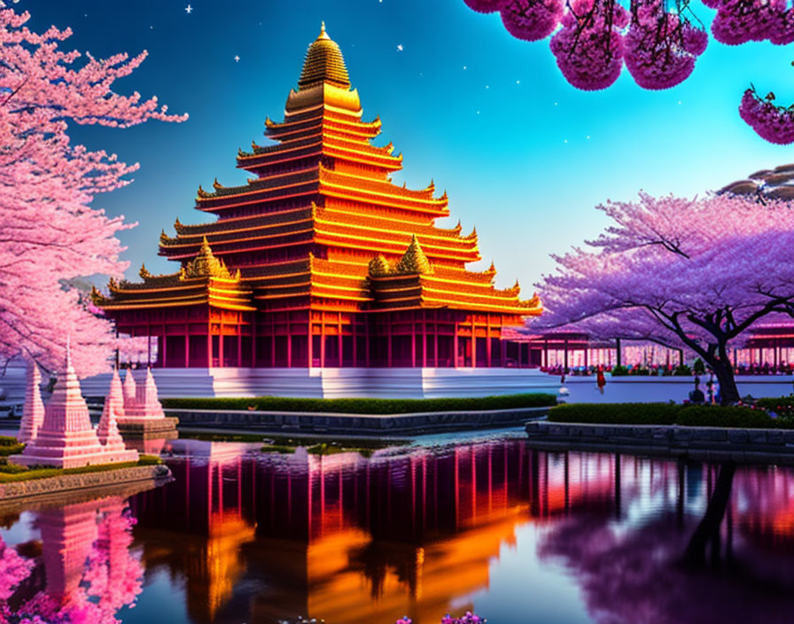 Traditional Asian Pagoda with Cherry Blossoms at Twilight by Tranquil Pond