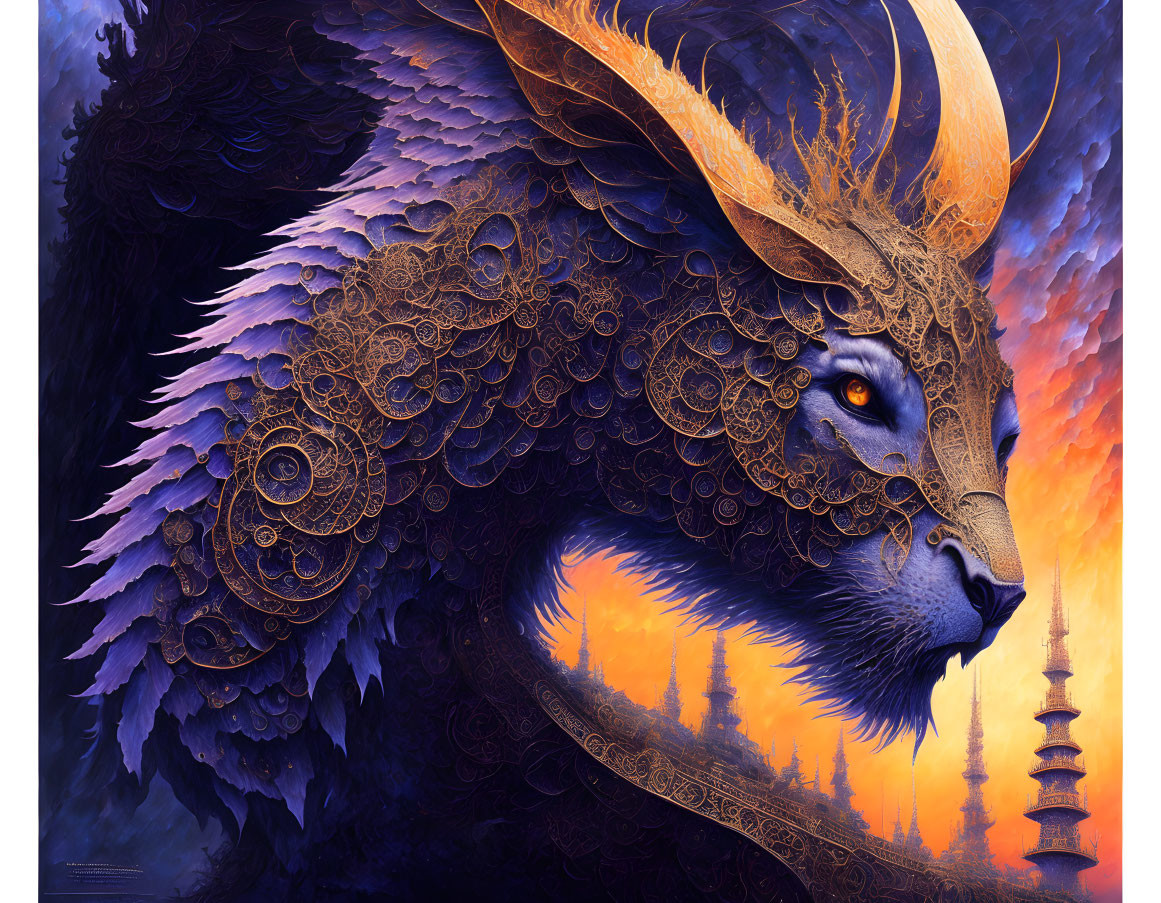 Mythical lion creature with golden gears and crescent moon crown in twilight sky