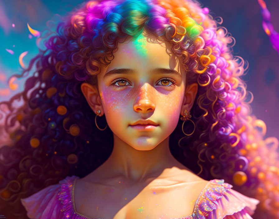 Colorful Portrait of Young Girl with Curly Hair and Sparkling Skin