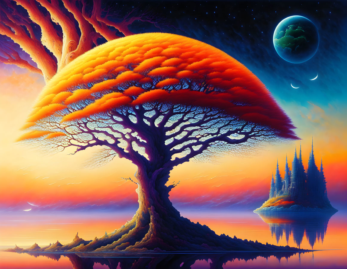 Fantasy landscape at sunset with massive tree, fiery clouds, floating islands, distant planet