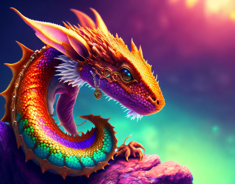 Colorful dragon illustration with golden horns and multicolored scales on magical sky background