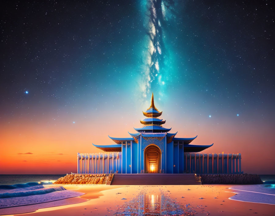 Blue temple by the sea at twilight with starry sky and Milky Way.