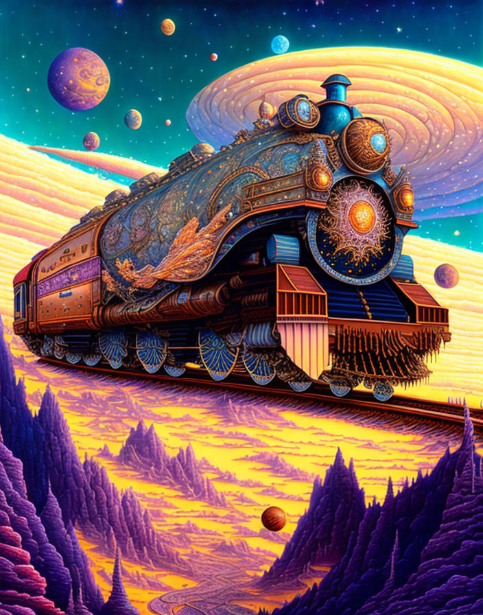 Fantastical steam train illustration on alien landscape