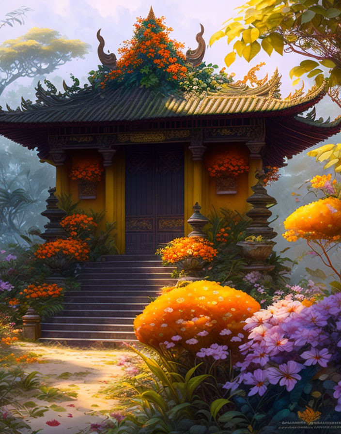 Asian Temple Surrounded by Colorful Garden and Orange Blossoms