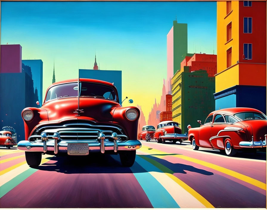 Colorful city street scene with classic cars and retro aesthetic