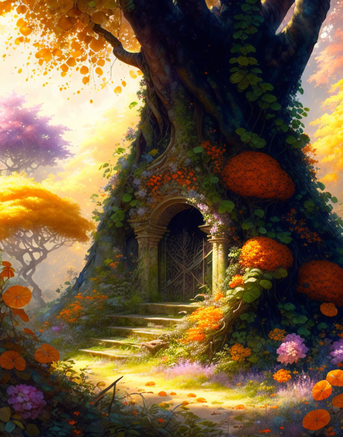 Mystical forest scene with enchanting tree doorway