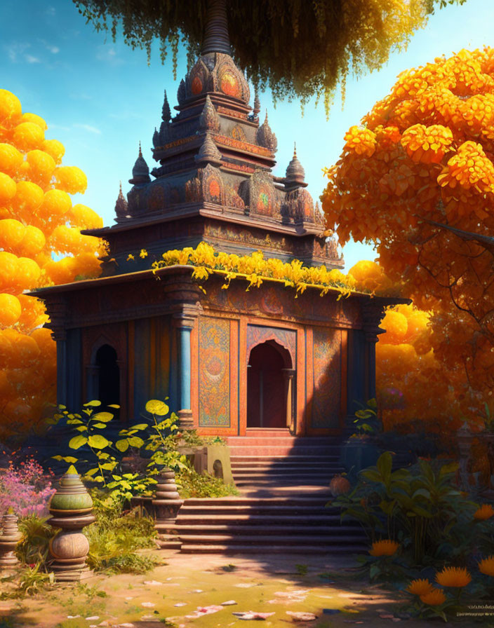 Intricately Decorated Temple in Vibrant Autumn Garden