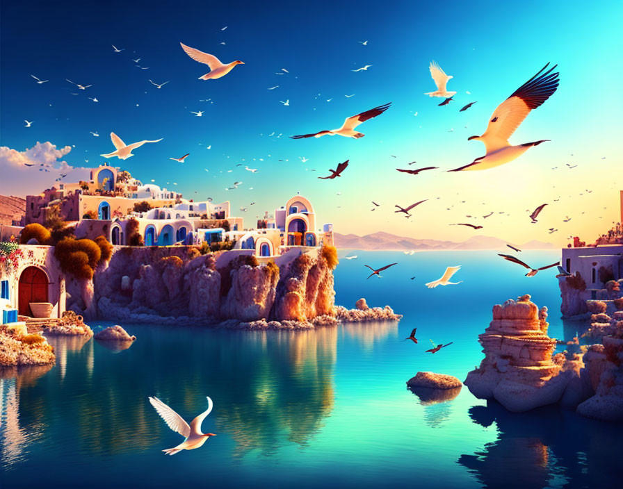 Coastal scene with white buildings, blue domes, calm sea, and flying birds