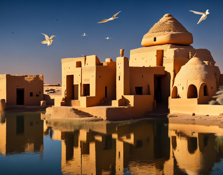 Sunset reflection of mud-brick buildings with domes and arches, birds flying in blue sky