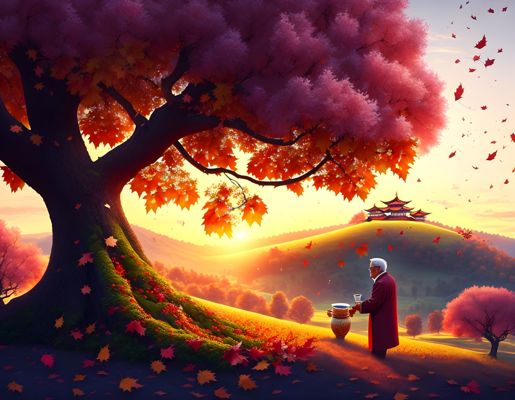 Person under large tree with red leaves near temple at sunset