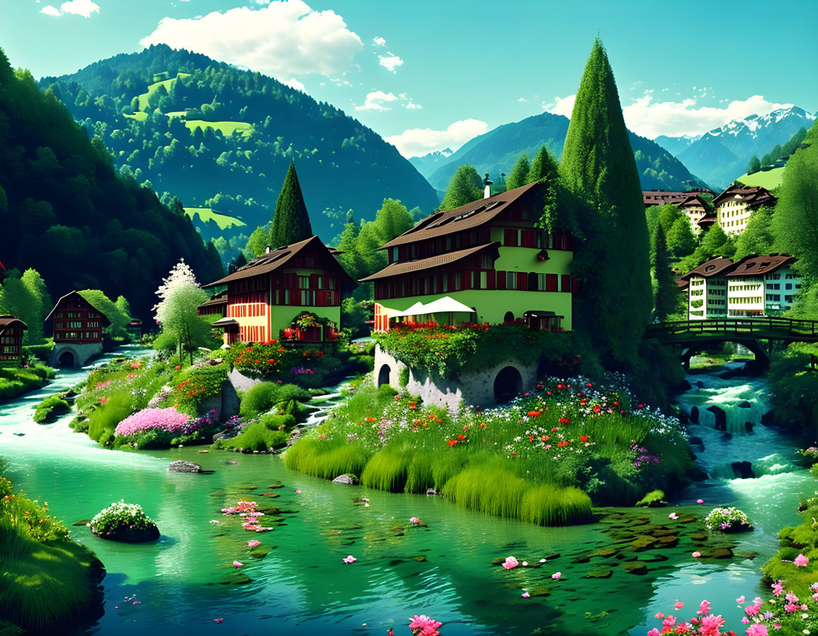 Scenic river landscape with greenery, houses, plants, and mountains