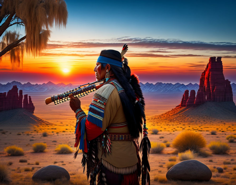 Native American playing flute at sunset in desert with buttes.