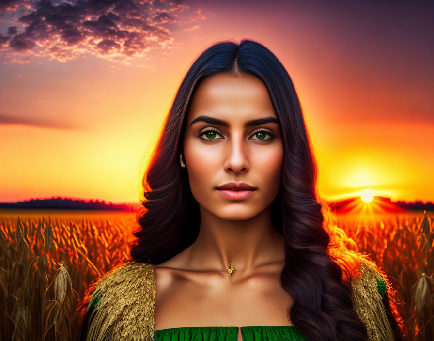 Dark-haired woman in wheat field at sunset with green eyes and orange skies