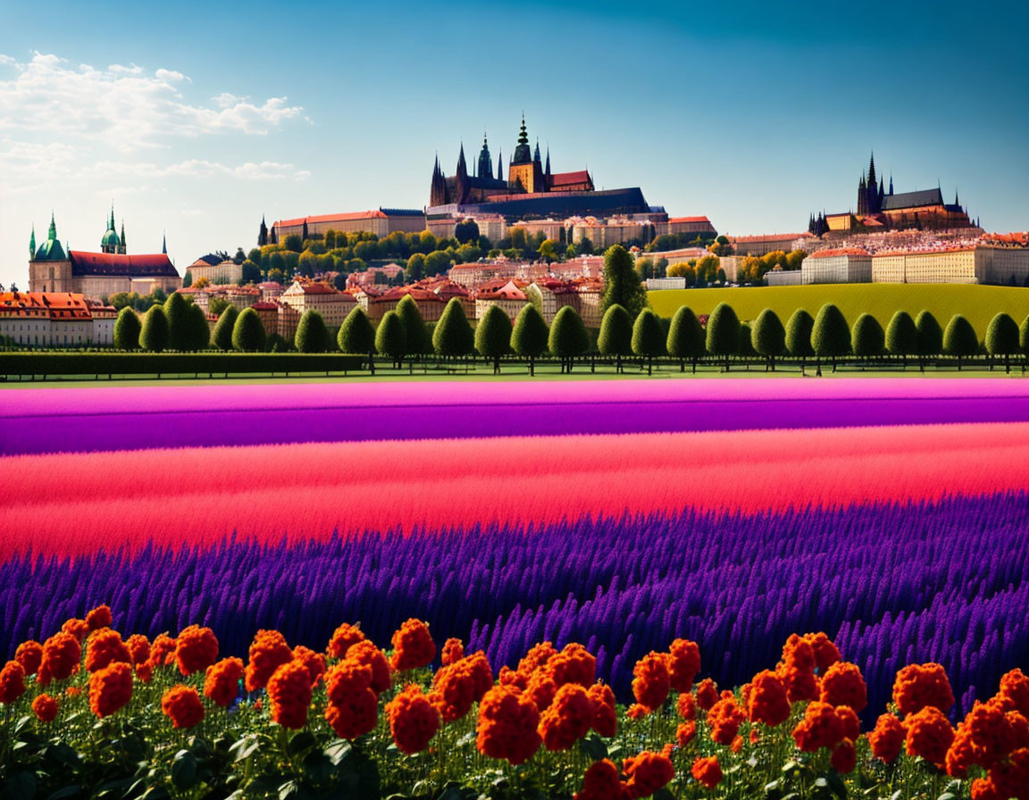 Colorful flower fields with Prague Castle and St. Vitus Cathedral in the background