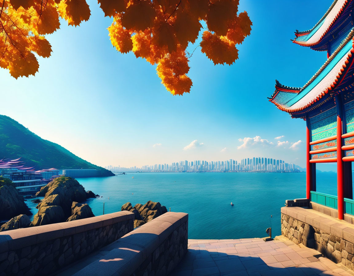 Traditional Chinese architecture and modern city skyline in coastal scene.